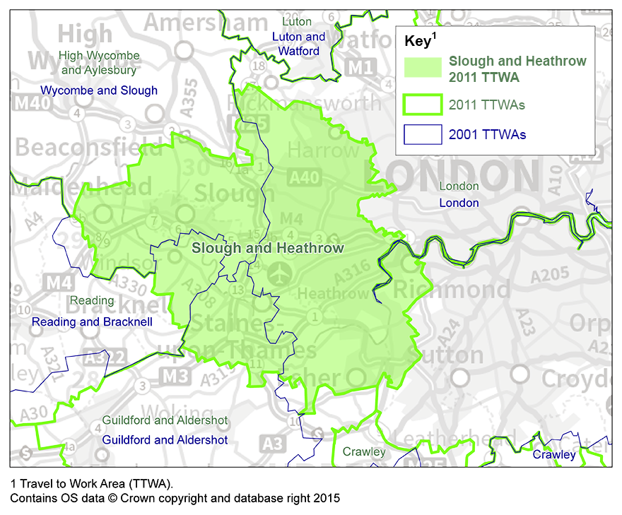 Map 3: Slough and Heathrow TTWA 2011, and 2001 TTWAs