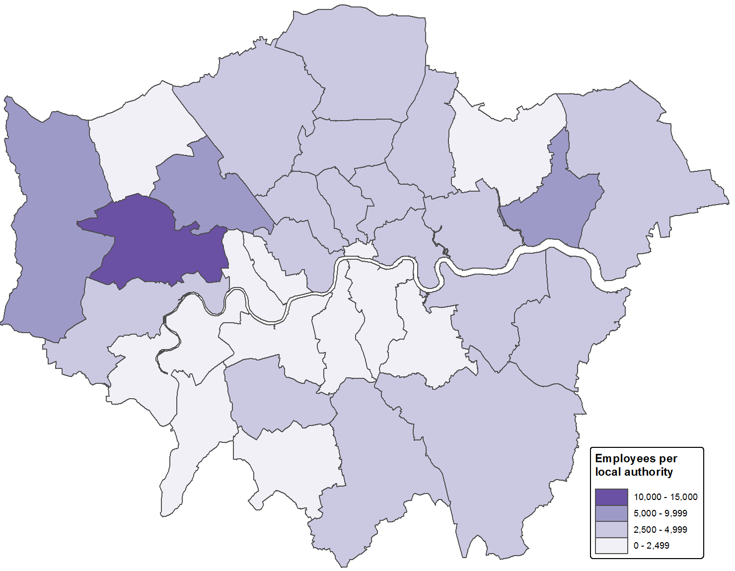 Manufacturing employees are more concentrated in outer London than inner London, moreso in the North than the South, with highest concentrations in the western boroughs Brent, Ealing and Hillingdon.