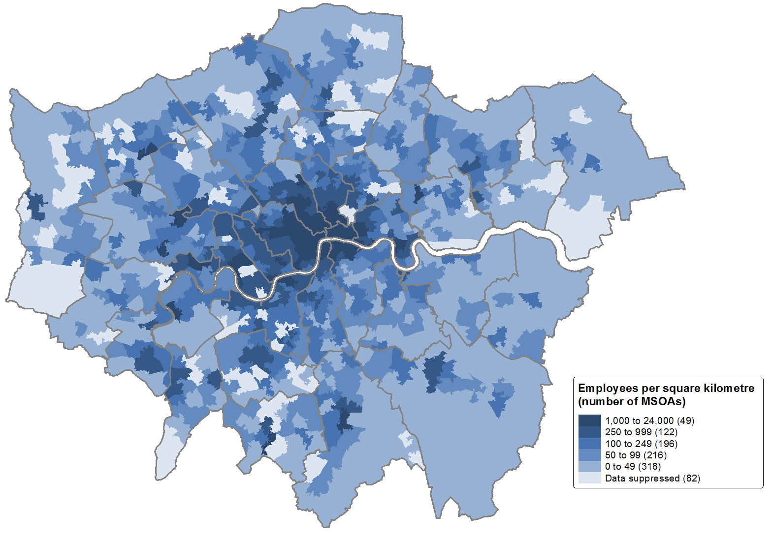 Professional, Scientific and Technical Activities, excluding head offices and management consultancies, are clustered around central London with dispersed pockets of jobs in, for example, Harrow, Croydon and Richmond upon Thames