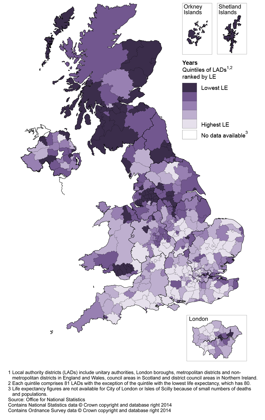Map 4: Life expectancy (LE) for females at age 65 by local authority district, United Kingdom, 2010–12