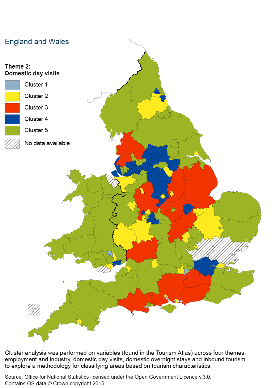 Map 3: Cluster analysis of day visits, using a five cluster classification by county and unitary authority, 2011 to 2013